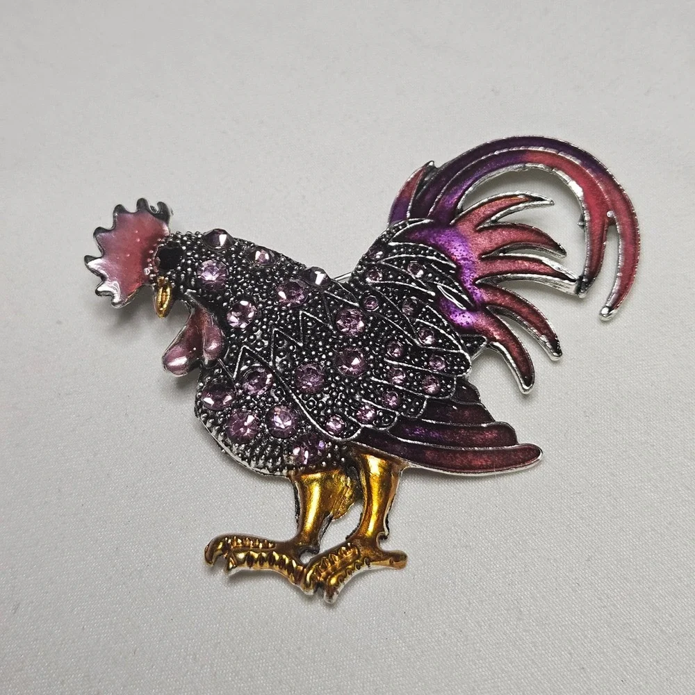 Rooster Brooch Pin Womens OS Purple Pink Enamel Rhinestone Bird Farm